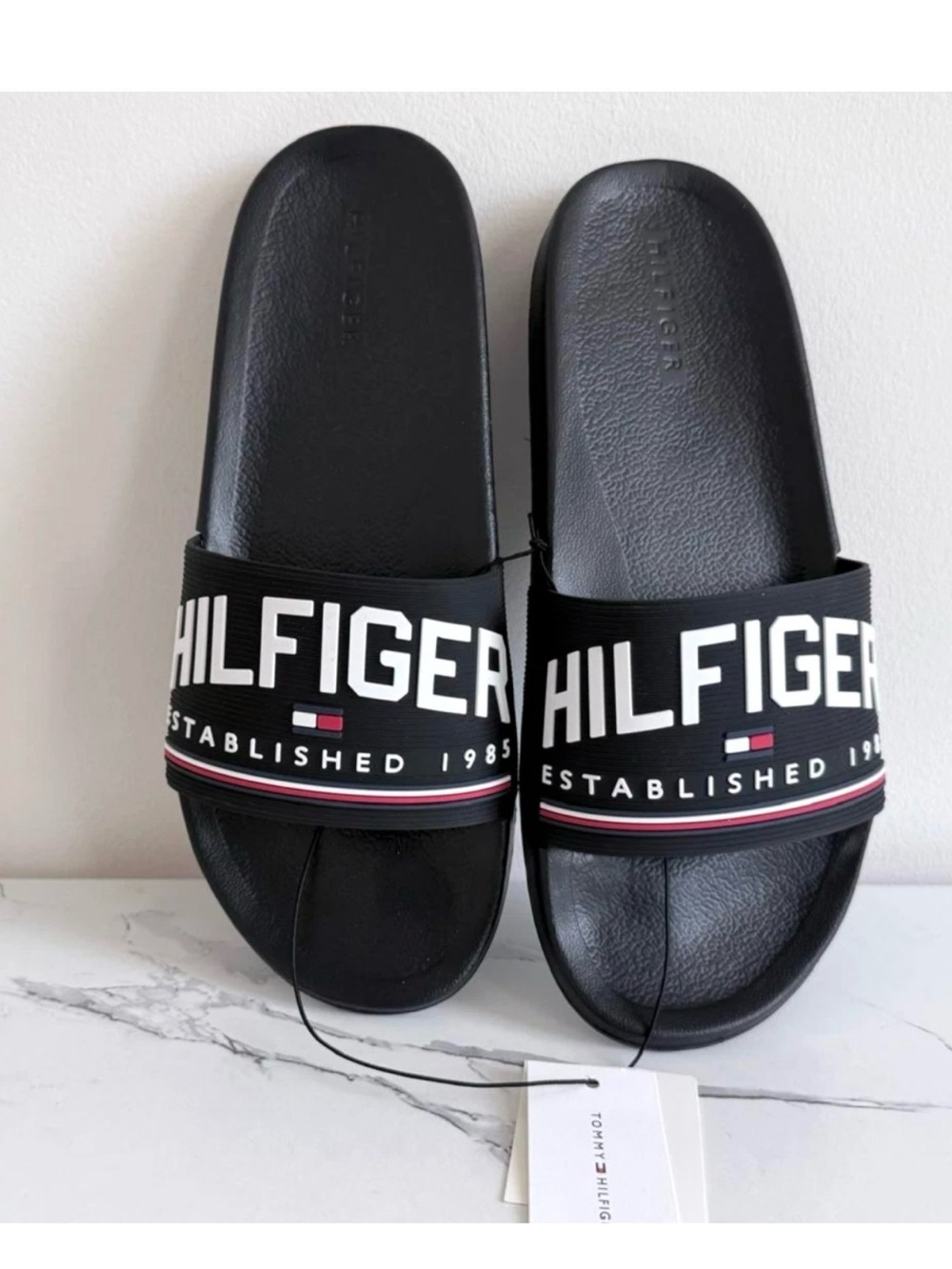 Tommy Hilfiger Black Slide Sandals with White Logo and Red-Blue Stripe